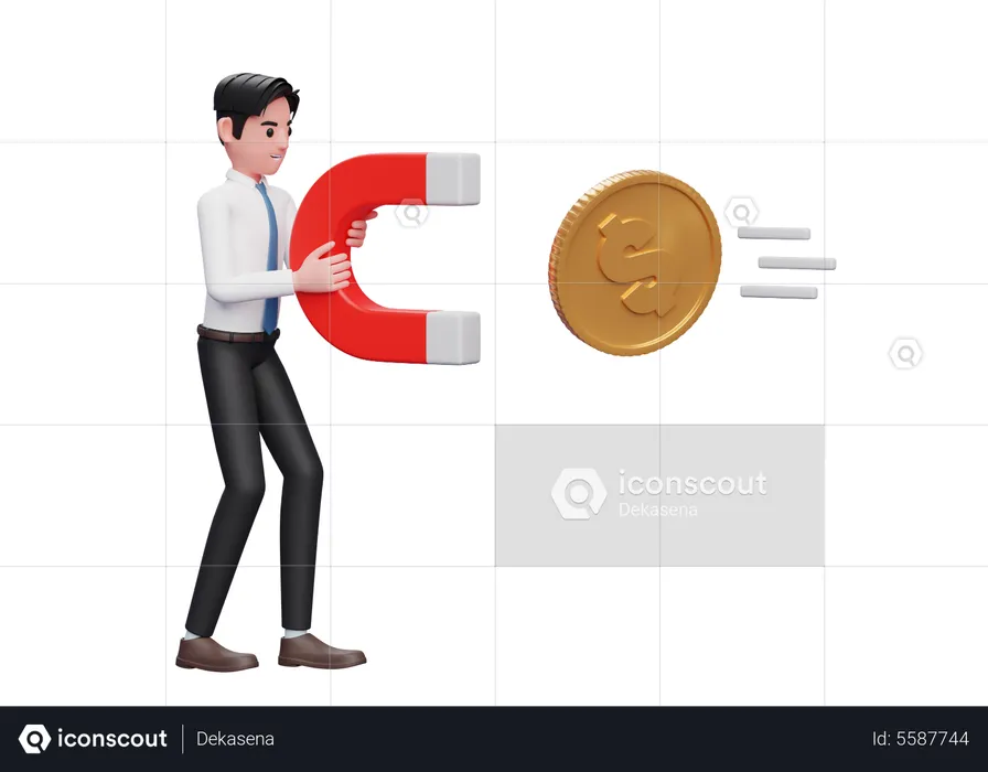 Businessman in white shirt blue tie standing holding magnet attracting gold coin  3D Illustration
