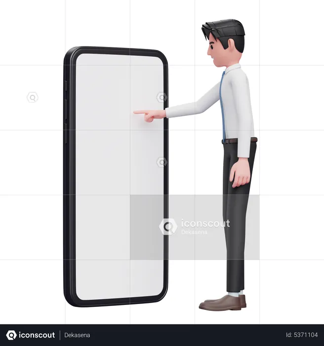 Businessman in white shirt blue tie touching phone screen with index finger  3D Illustration
