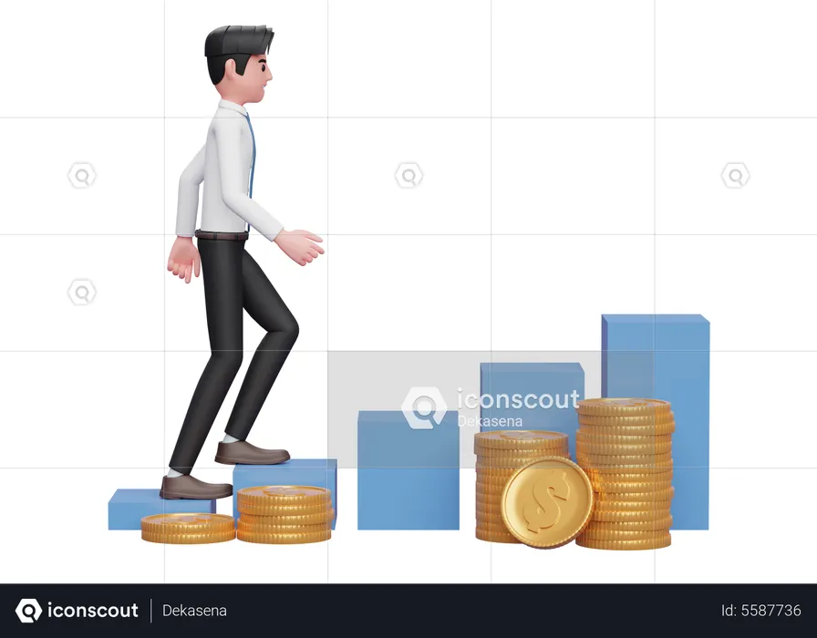 Businessman in white shirt blue tie walking up the stock chart with ornaments several piles of gold coins  3D Illustration