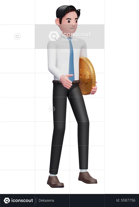 Businessman in white shirt blue tie walking while carrying coins  3D Illustration
