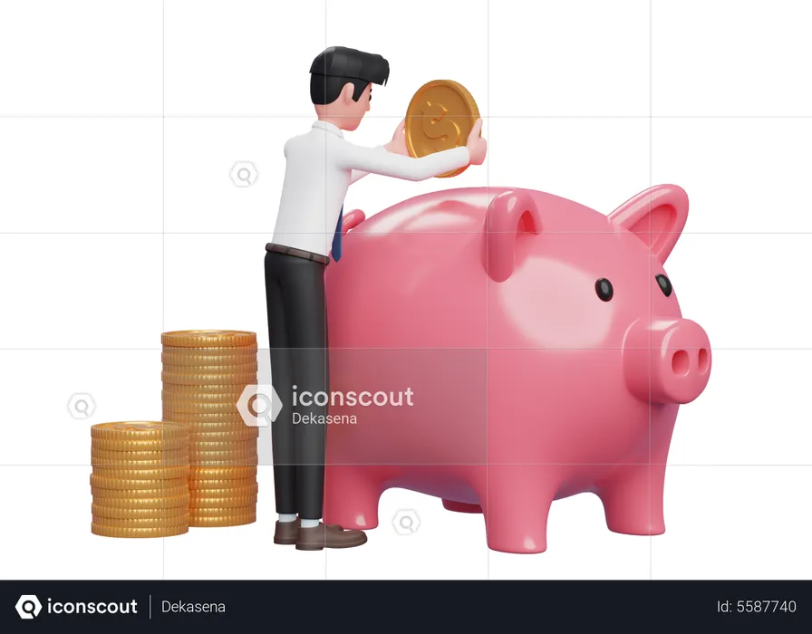 Businessman in white shirt carefully keeps gold coins in pink piggy bank  3D Illustration