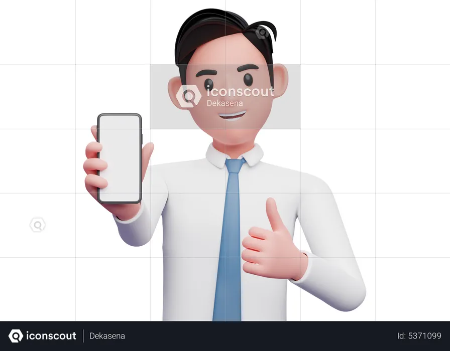 Businessman in white shirt giving appreciation with a thumbs while showing a mobile screen  3D Illustration