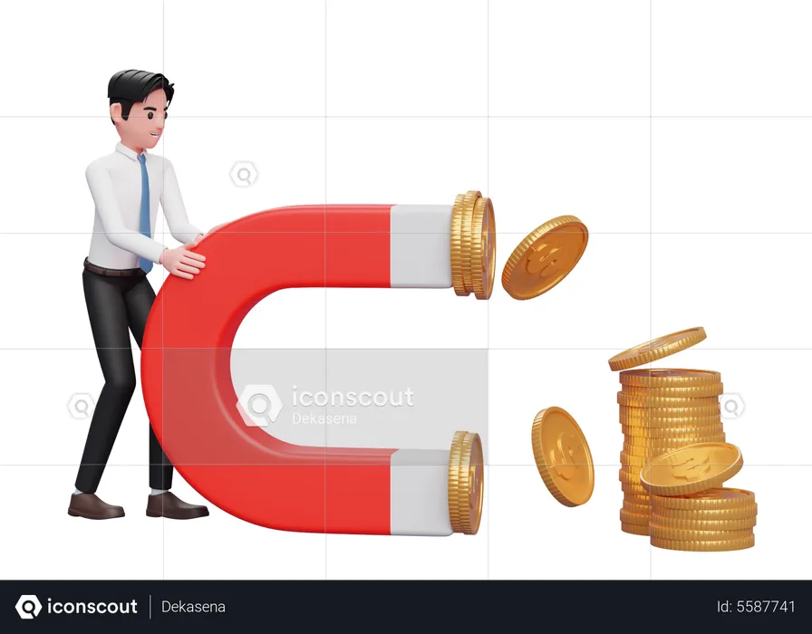 Businessman in white shirt Hold a Big Magnet To Attract Coins  3D Illustration