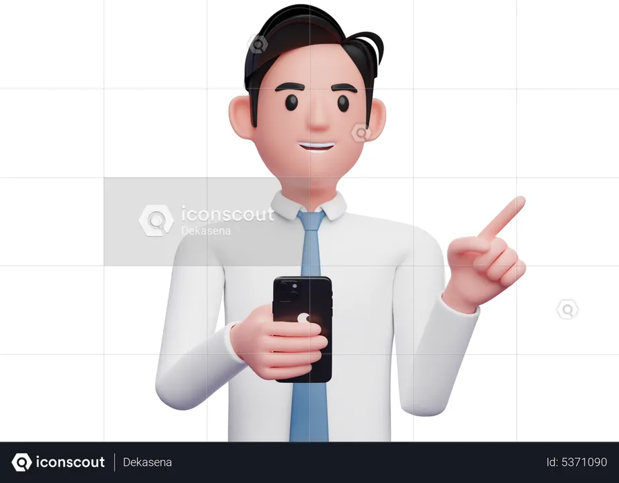 Businessman in white shirt holding phone and pointing to the side  3D Illustration