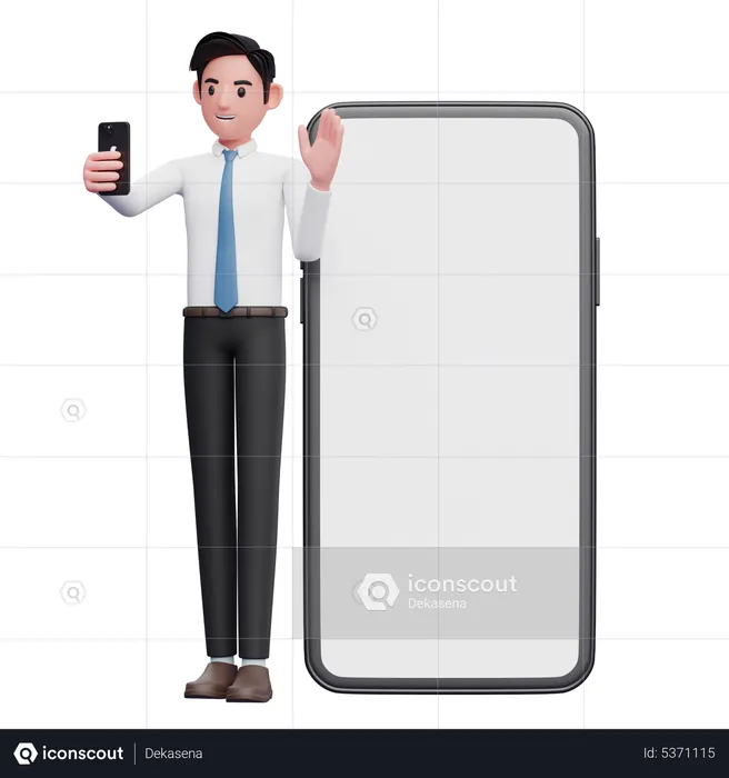 Businessman in white shirt making video call and waving hand  3D Illustration