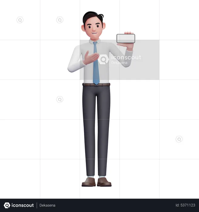 Businessman in white shirt pointing to phone screen  3D Illustration