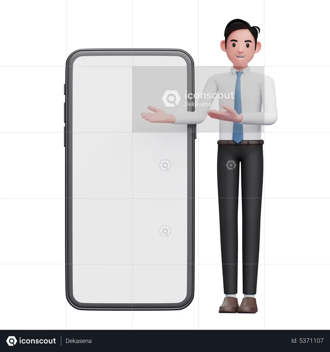 Businessman in white shirt presenting phone with white screen  3D Illustration