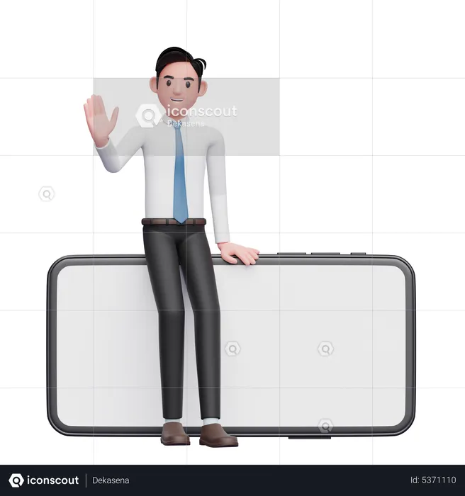 Businessman in white shirt sitting on a phone and waving hand  3D Illustration