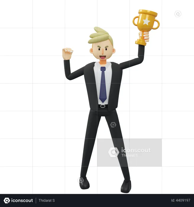Businessman is holding a trophy  3D Illustration