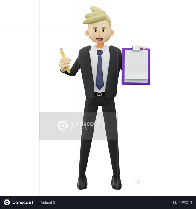 Businessman is holding pencil and clipboard  3D Illustration