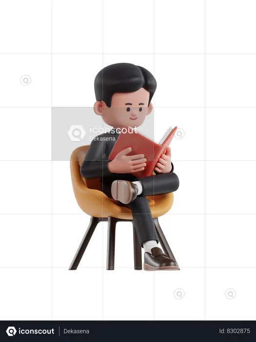 Businessman is sitting on a chair and reading a book  3D Illustration