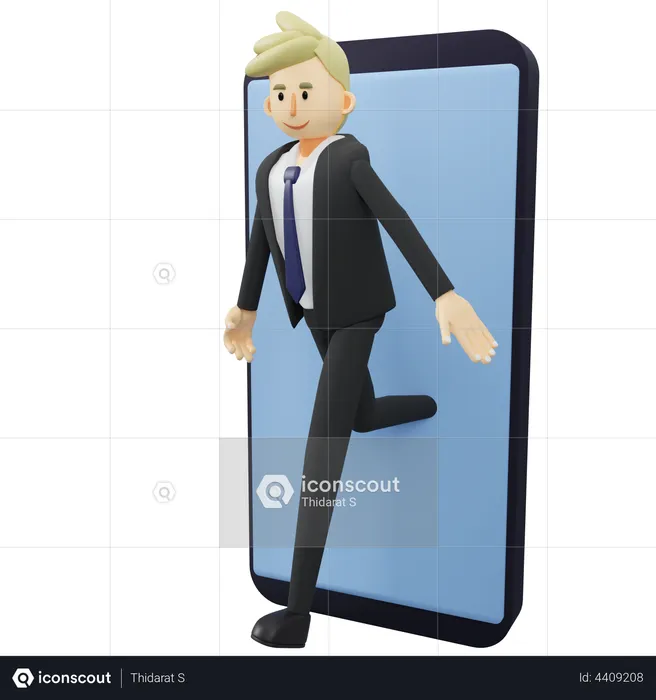 Businessman is walking out from smartphone  3D Illustration