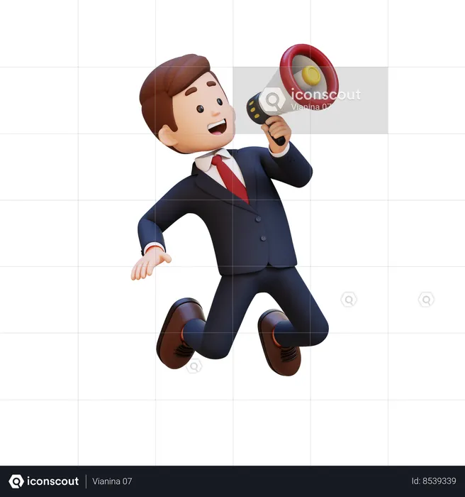 Businessman Jumping And Holding Megaphone  3D Illustration