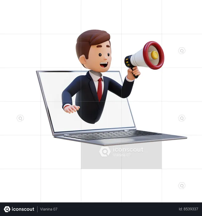 Businessman Jumping Out From Computer Screen And Holding Megaphone  3D Illustration