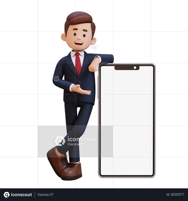 Businessman Laying And Presenting On Big Smart Phone With Empty Screen  3D Illustration