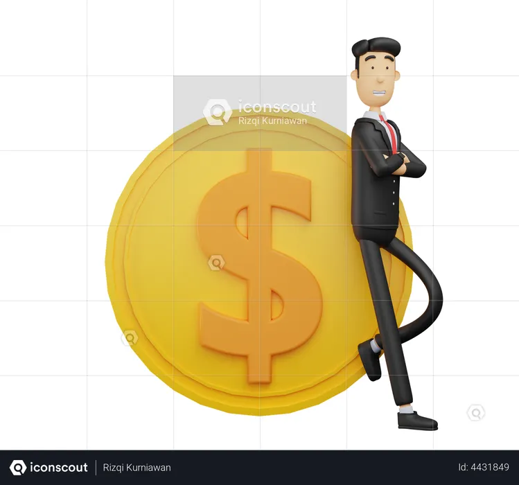 Businessman leaning on dollar coin  3D Illustration