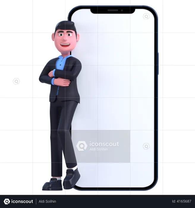 Businessman Leaning on Phone  3D Illustration