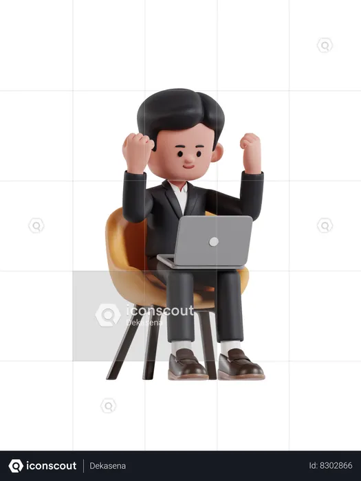 Businessman looking at laptop screen while raising his hand in celebration  3D Icon