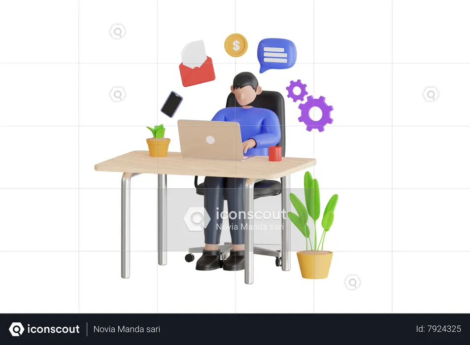 Businessman Multitasking At Work Place  3D Illustration