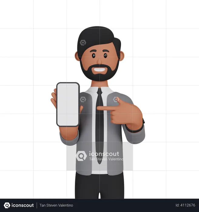 Businessman pointing at smartphone with blank screen  3D Illustration