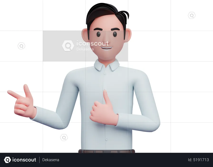 Businessman pointing finger left side and showing thumbs up  3D Illustration