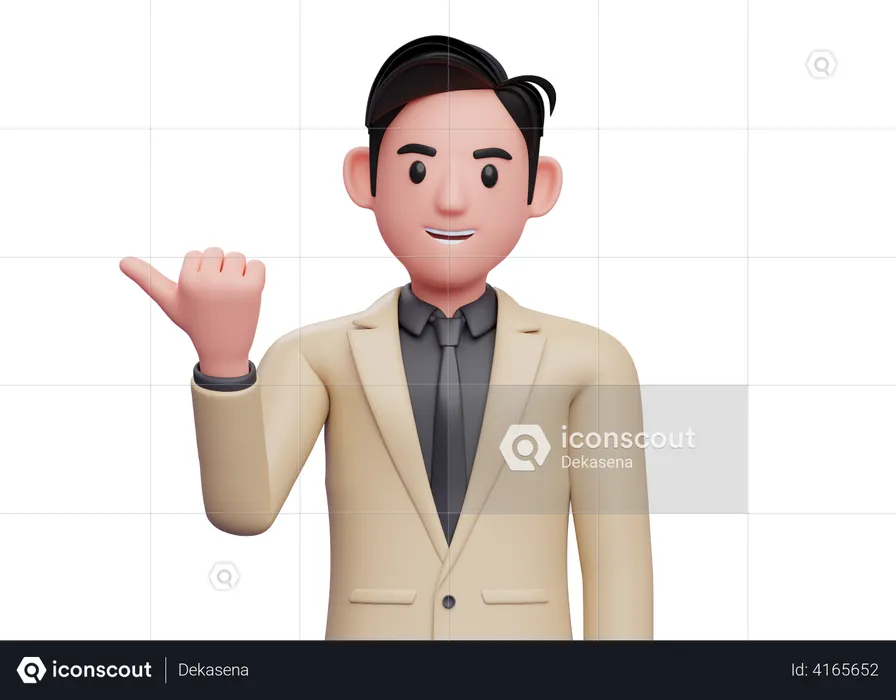 Businessman pointing with thumb aside looking at the camera  3D Illustration