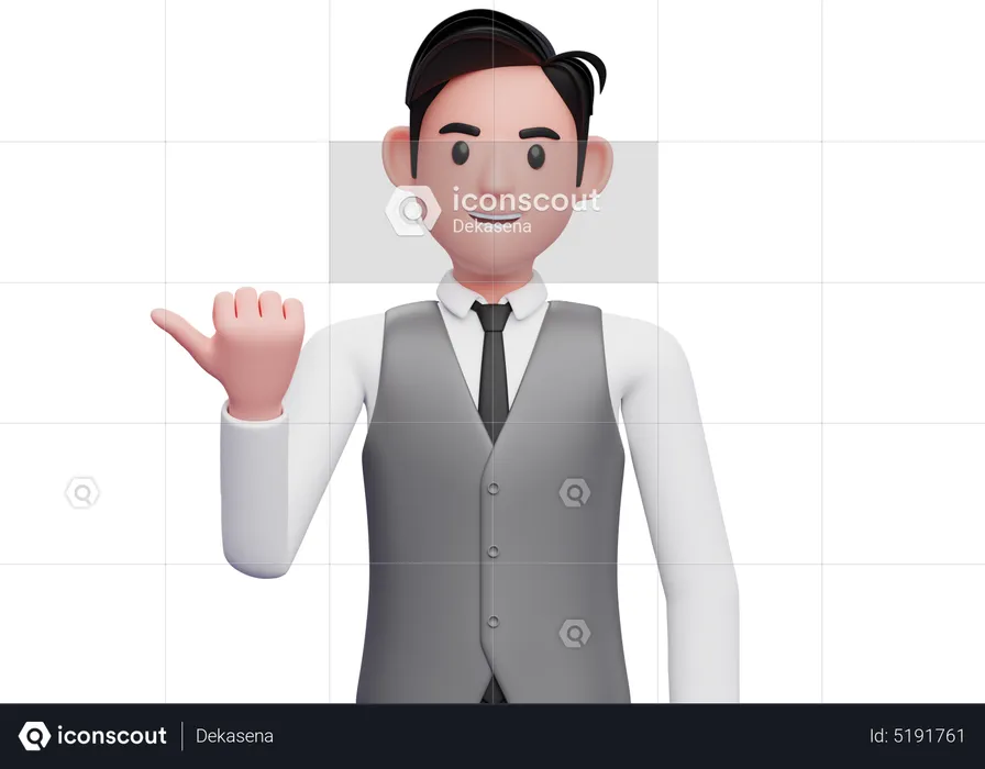 Businessman pointing with thumb aside looking at the camera  3D Illustration