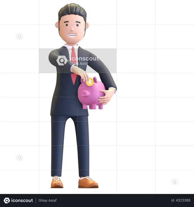 Businessman put coin in piggybank  3D Illustration
