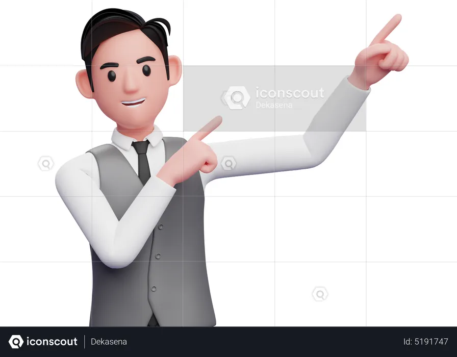 Businessman raising both hands pointing to the top right corner  3D Illustration