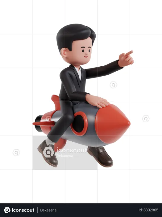 Businessman riding a rocket while pointing forward  3D Illustration