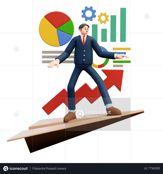 Businessman Riding Growth Plane  3D Illustration