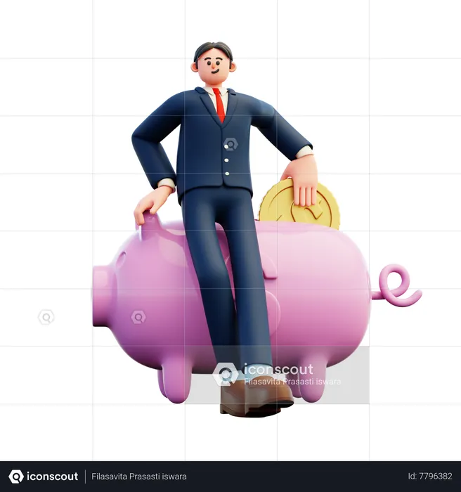 Businessman Saving Money On Piggy Bank  3D Illustration