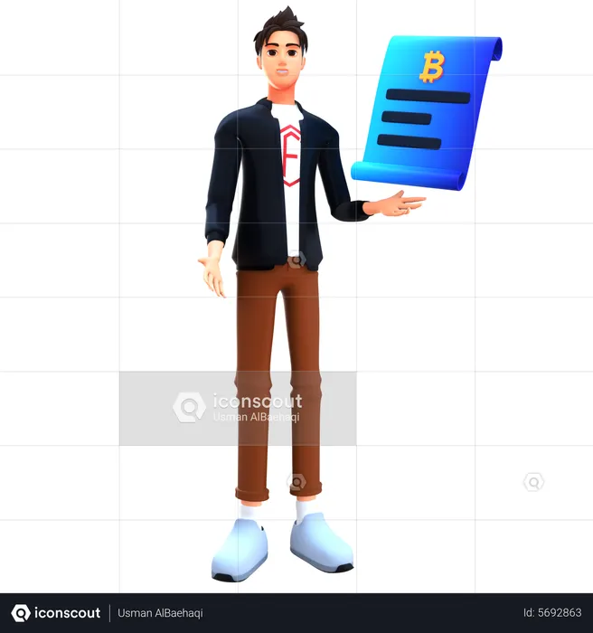 Businessman showing bitcoin invoice  3D Illustration