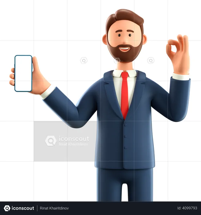 Businessman showing smartphone with blank screen and Ok gesture  3D Illustration