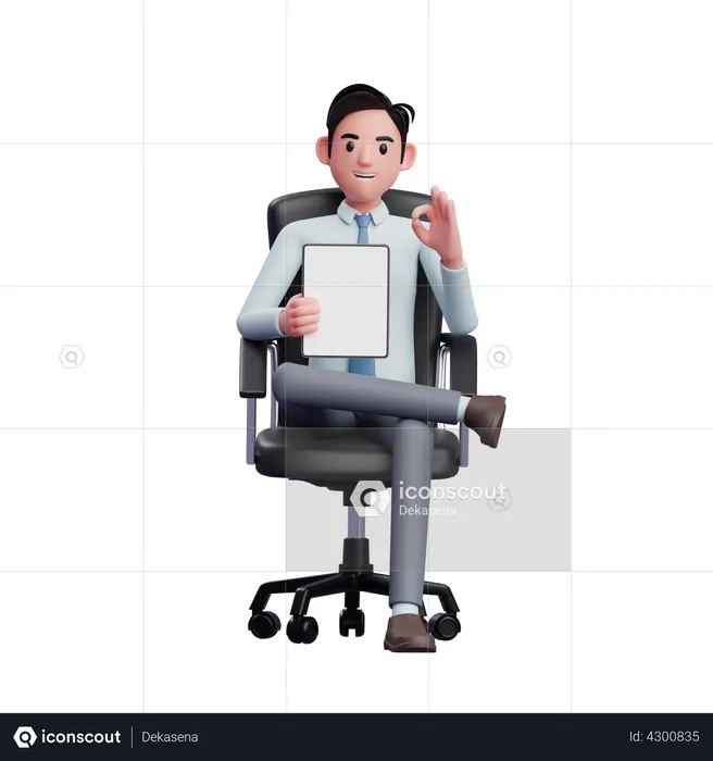 Businessman sitting in office chair holding tablet and and giving ok finger  3D Illustration
