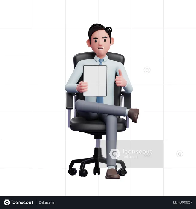 Businessman sitting in office chair holding tablet and giving thumbs up  3D Illustration