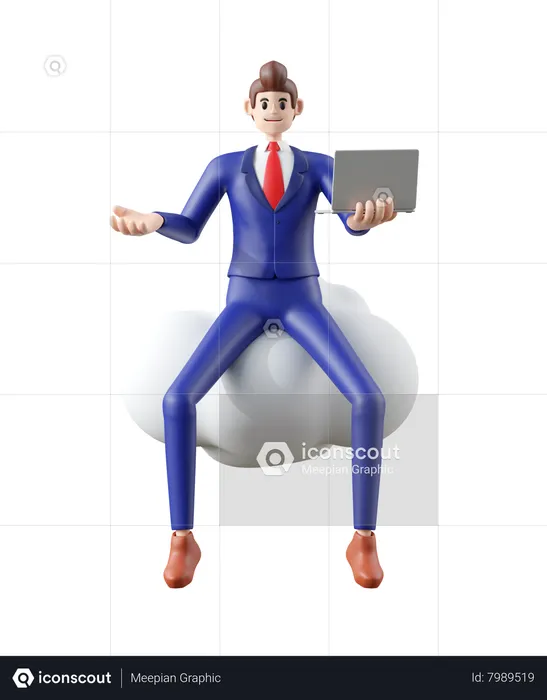 Businessman sitting on cloud and explaining with laptop  3D Illustration