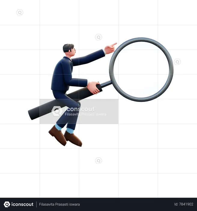 Businessman Sitting On Giant Magnifying Glass  3D Illustration