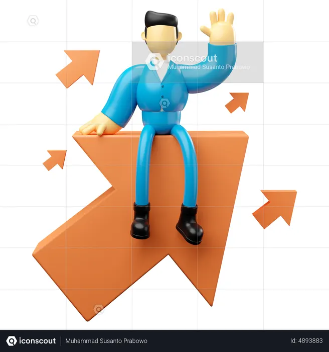 Businessman sitting on growing arrow and waving hand  3D Icon