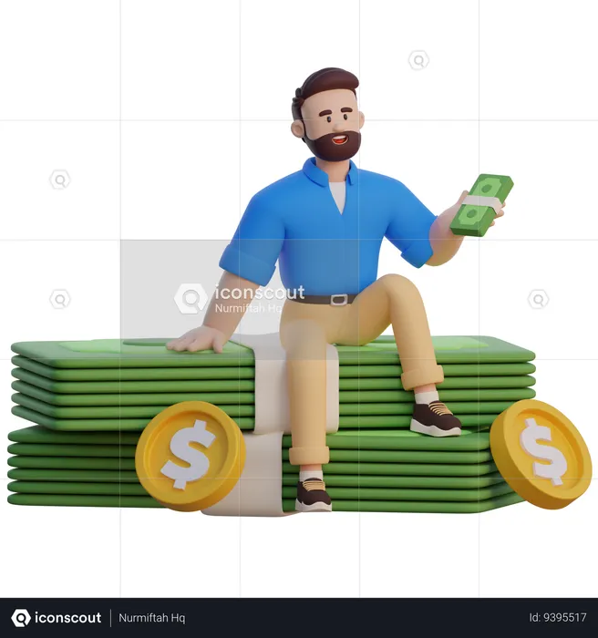 Businessman Sitting On Pile Of Money  3D Illustration