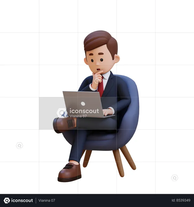 Businessman Sitting On Sofa And Working On Laptop With Thinking Pose  3D Illustration