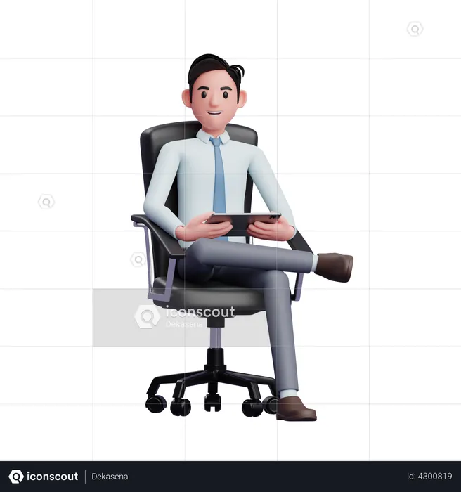 Businessman sitting with legs crossed and holding tablet  3D Illustration