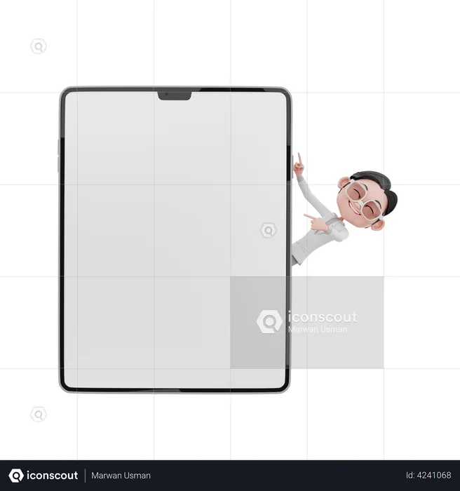 Businessman sneaking behind the tablet  3D Illustration