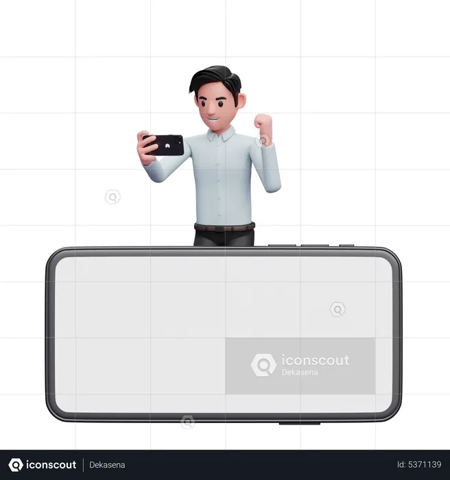 Businessman standing behind phone while celebrating  3D Illustration