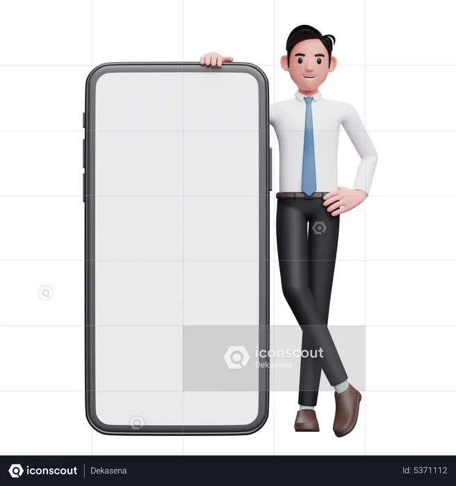 Businessman standing next to big phone with legs crossed  3D Illustration