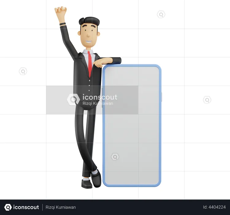 Businessman standing with smartphone and raising hand  3D Illustration