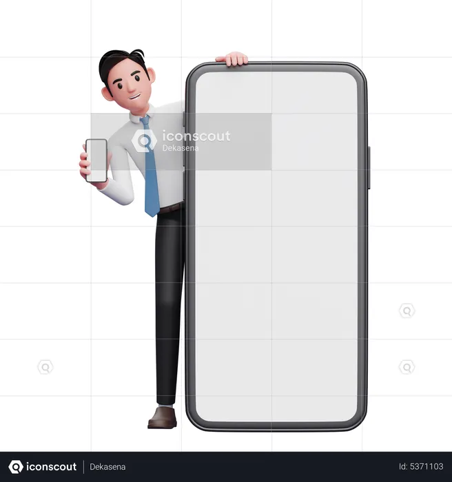 Businessman surprises by appearing behind a big cell phone  3D Illustration