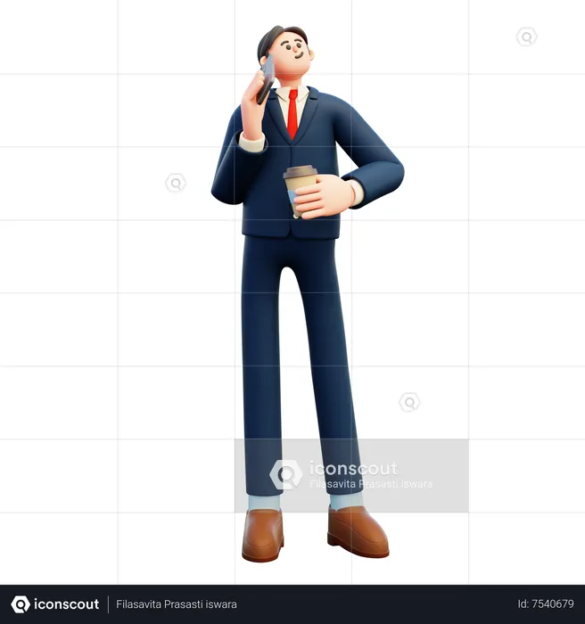 Businessman talking on smartphone while drinking coffee cup  3D Illustration