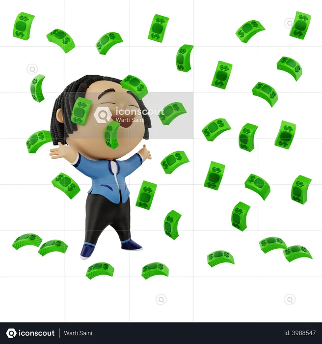 Businessman very happy with money rain  3D Illustration