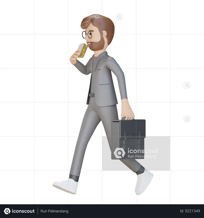 Businessman walking while eating sandwich  3D Illustration